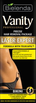 Bielenda Vanity Laser Expert, zestaw do depilacji kremem okolic bikini z Telocapil™, czarno-złote pudełko.