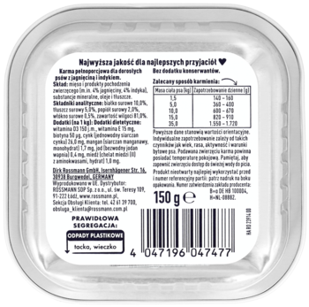 Tył srebrnego opakowania karmy dla psów Menu z jagnięciną i indykiem 150g, z pełnym składem i dawkowaniem.
