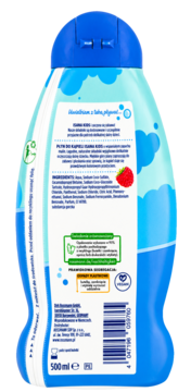 Tył butelki płynu do kąpieli Fama Kids o zapachu malin, 500ml. Błękitne opakowanie z chmurami, etykieta ze składem.