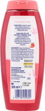 Tył różowego żelu pod prysznic Isana Kids 300 ml, z truskawką, listą składników i kodem kreskowym.