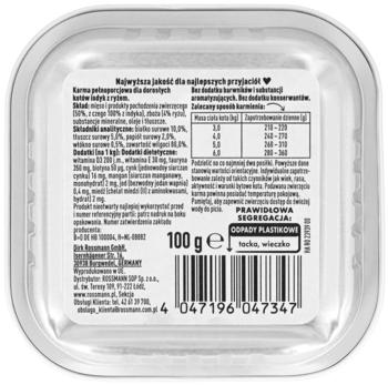 Tylna etykieta srebrnej tacki karmy Menu z indykiem i ryżem 100g dla kotów, bez dodatku cukru.