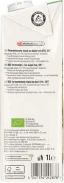Tył białego kartonu fermentowanego napoju ryżowego BIO UHT 1L, z opisem produktu wegańskiego i bezglutenowego.