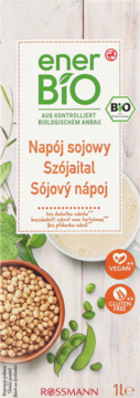 Ener Bio Napój sojowy BIO UHT 1l, biały karton z zielonym logo, fasolki soi, ikony Vegan i Gluten Free.