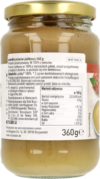 Tył szklanego słoika enerBio przecieru jabłkowego 360g, z etykietą zawierającą skład i tabelę wartości odżywczych.