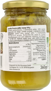 Tył szklanego słoika EnerBio Przecier jabłko-mango 360g, z widoczną białą etykietą i danymi żywieniowymi.