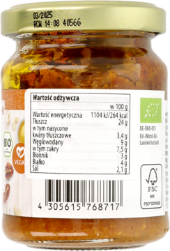 Tył szklanego słoika EnerBio pesto rosso z suszonymi pomidorami, widoczna etykieta wartości odżywczych.