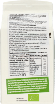 Tył opakowania Bio Soku z kiszonej kapusty Rossmann, widok prosty, biała torebka z polskim opisem i tabelą wartości odżywczych.