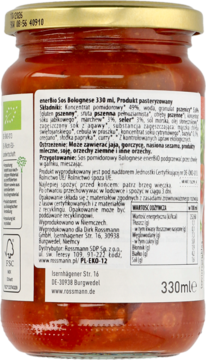 Tył szklanego słoika wegetariańskiego sosu Bolognese EnerBio 330 ml. Widoczna etykieta z opisem i składem.