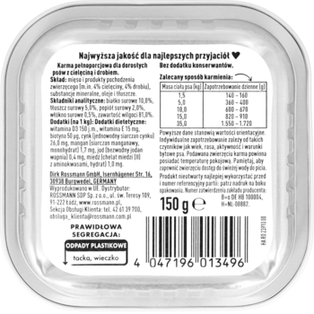Tył białej tacki karmy dla dorosłych psów z cielęciną i drobiem 150g. Bez zbóż, cukru i barwników.
