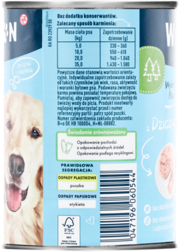 Tył puszki karmy dla psów Winston Gourmet z dziczyzną. Widoczna tabela karmienia, info o recyklingu i brak konserwantów.