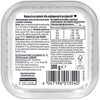 Tył opakowania karmy dla psów Menu z drobiem i wołowiną, 300g. Biała etykieta ze składem i dawkowaniem.