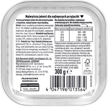 Tył białego opakowania karmy dla psów dorosłych, Menu z indykiem, makaronem i marchewką, z tabelą odżywczą.