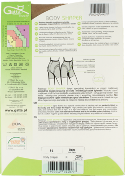 Tył opakowania rajstop Gatta Body Shaper, kolor Daino 20 den, z tabelą rozmiarów i opisem ich działania.