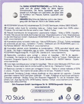Tył fioletowego opakowania patyczków kosmetycznych Isana ze 100% bawełny i papierowym trzonkiem, z opisem i 70 sztukami.