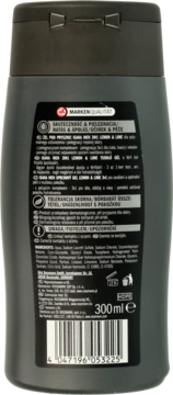 Widok z tyłu szarej butelki żelu ISANA MEN 3w1 Lemon&Lime 300ml, z czarną etykietą i listą składników.