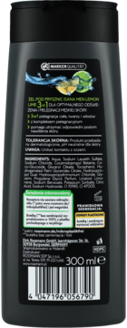 Tył czarnej butelki żelu pod prysznic Isana Men Lemon Lime 3w1 z etykietą składników i pojemnością 300ml.