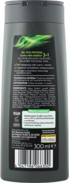 Tył ciemnoszarego żelu pod prysznic Isana Men Energy 3w1, 300 ml, z listą składników i logo Vegan.