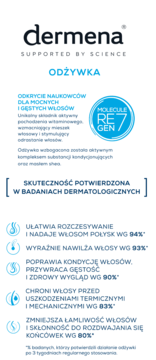 Dermena ODŻYWKA do włosów, wzmacniająca i nawilżająca z Molekułą RE GEN 7, widok z przodu na białe opakowanie.