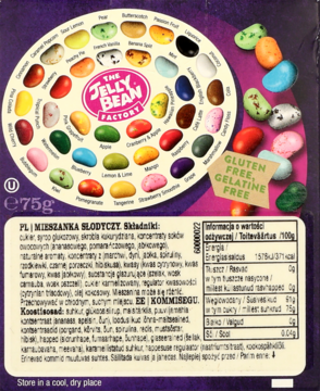 Tył fioletowego opakowania fasolek The Jelly Bean Factory, z owalem smaków i opisem Mieszanka Słodyczy bez glutenu.