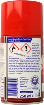 Tył czerwonej puszki domol Simply Fresh Nachfüller Vanilla & Cherry, z etykietą, kodem kreskowym i ikonami ostrzegawczymi.