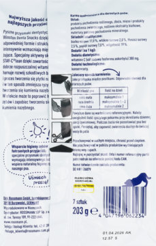 Winston Denta Snacks, przysmak dla psa. Białe opakowanie z tyłu, widoczne informacje o składzie i dawkowaniu.
