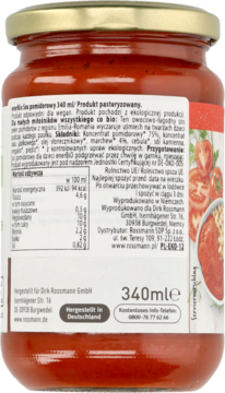 Tył szklanego słoika sosu pomidorowego enerBiO 340ml, z etykietą w języku polskim i niemieckim, widoczne dane odżywcze.