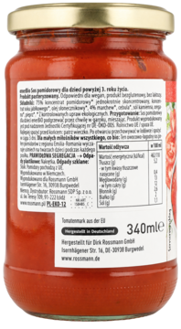 Tył słoika sosu pomidorowego enerBiO dla dzieci 340ml, z etykietą zawierającą skład i wartości odżywcze.