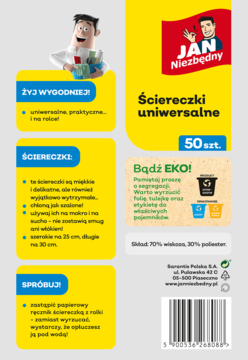 Żółto-szary przód opakowania JAN Niezbędny Ściereczki uniwersalne, 50 szt., z tekstowymi opisami cech.