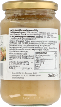 Tył szklanego słoika EnerBio Mus jabłkowy z bananem 360g, widoczna etykieta z tabelą wartości odżywczych.