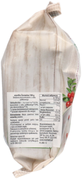 Biała torba Bio Żurawiny Rossmann, suszonej, słodzonej sokiem jabłkowym, widok z boku z etykietą ze składem.