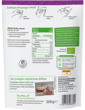 Tył białej torebki suszonych fig Bio, 200g, z tabelą wartości odżywczych i certyfikatami jakości.