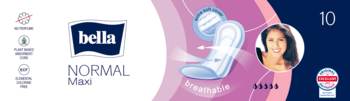 Przednie opakowanie podpasek Bella Normal Maxi, 10 sztuk, oddychające, bez skrzydełek, w białym z różem i granatem.