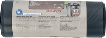 Czarne worki na odpady Rossmann 120L, 10 sztuk, w zwiniętym opakowaniu z widoczną etykietą produktu.