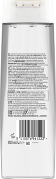 Tył transparentnej butelki szamponu Pantene Pro-V Aqua Light 400 ml z etykietą i listą składników.