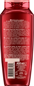 Tył czerwonej butelki szamponu wzmacniającego L'Oréal Elseve Full Resist 400ml z etykietą i składem.
