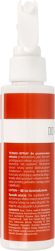 Tył białej butelki Loton Termo-spray do prostowania włosów, z pomarańczową etykietą i widocznym tekstem.