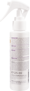 Biała butelka Loton Volumising Spray 125 ml, widok z tyłu z pełnym opisem, dla objętości włosów.