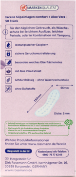 Tył opakowania wkładek higienicznych facelle comfort+Aloe Vera 50 sztuk. Z opisem cech: oddychające, bezzapachowe, z aloesem.