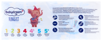 Babydream Fun&Fit pieluszki, opakowanie z tańczącym, różowym słoniem, tabelą rozmiarów, ikonami cech.