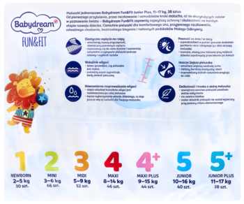 BABYDREAM Fun&Fit ,pieluchy, 5+ Junior Plus, 11-17 kg,tył