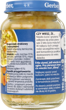 Gerber Krupniczek drobiowy z warzywami dla niemowląt 9m+, tył słoika, widoczne grudki.