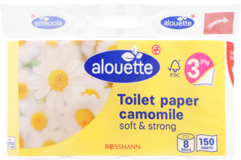Alouette papier toaletowy rumiankowy, 3-warstwowy, 8 rolek. Miękki i mocny, opakowanie z kwiatami rumianku.