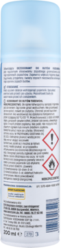 Tył biało-niebieskiego sprayu Dezodorant do obuwia Fussohl 200 ml z polskim tekstem i symbolami ostrzegawczymi.