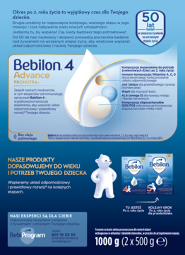 Promocyjny plakat Bebilon 4 Advance Pronutra dla dzieci po 2. roku, z maskotką misia i opakowaniami 1000g.