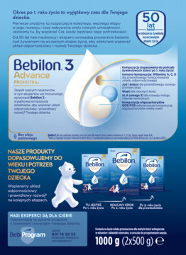 Reklama Bebilon 3 Advance Pronutra 1000g, mleka modyfikowanego dla dzieci po 1. roku, wspierająca odporność.