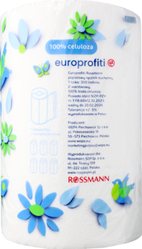 Biały ręcznik papierowy Europrofiti ze 100% celulozy, opakowanie z niebiesko-zielonymi kwiatami, rolka pionowo.