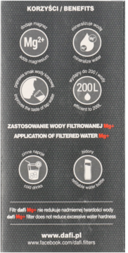 Bok opakowania filtra wody Dafi Mg+ z opisem korzyści: dodaje magnez, poprawia smak, wydajny 200L.