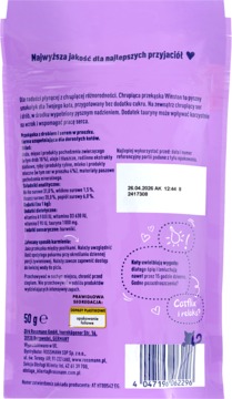 Tył fioletowego opakowania chrupek Winston dla kota 50g, z tekstem o składzie i kodem kreskowym.