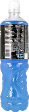 4move Isotonic Sports Drink multifruit, niebieska butelka 750 ml, widok z tyłu z etykietą i kodem kreskowym.