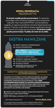 Pionowy plakat SKYN Nowa Generacja prezerwatyw, ekstra nawilżane. Białe teksty, ikona prezerwatywy z kroplą.